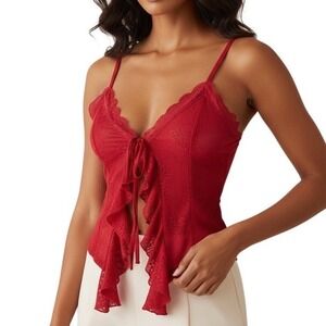 Cider Camisole Women‎ Medium Red Lace Tie Front Ruffle Crop Top